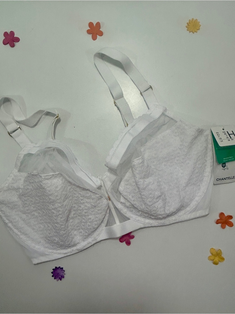 Chantelle White Lace Full-Coverage Support Monogram Underwire Bra 38H NWT